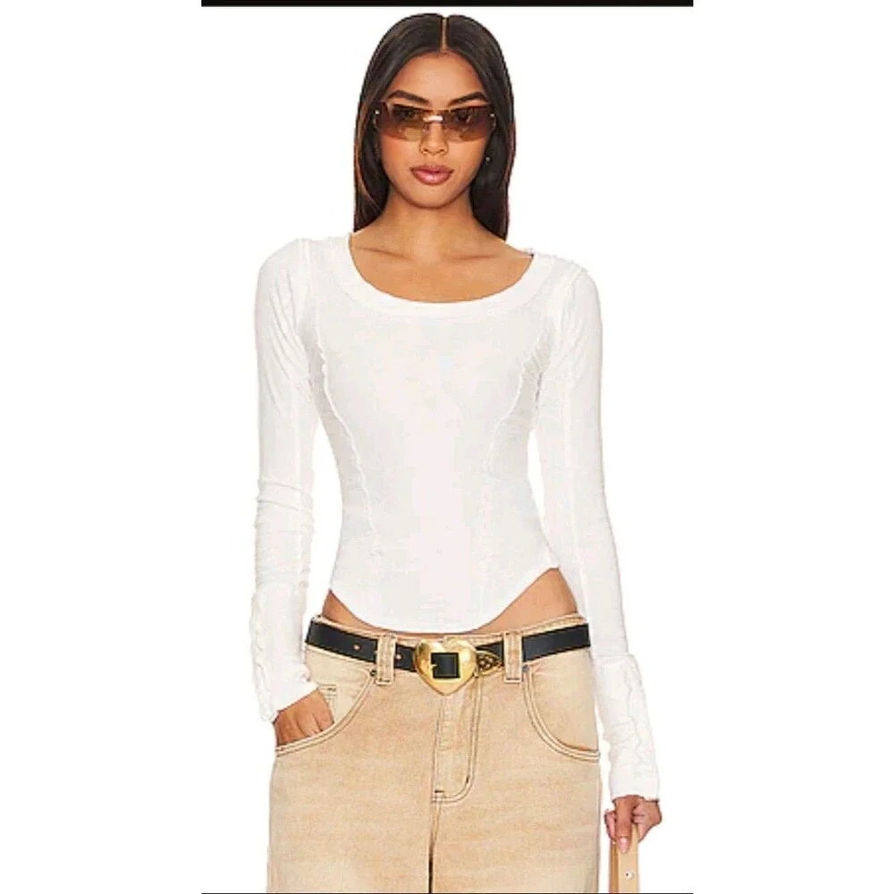 Free People We The Free Long Sleeve Top Scoop Neck White XS Raw Seam Shirt Boho